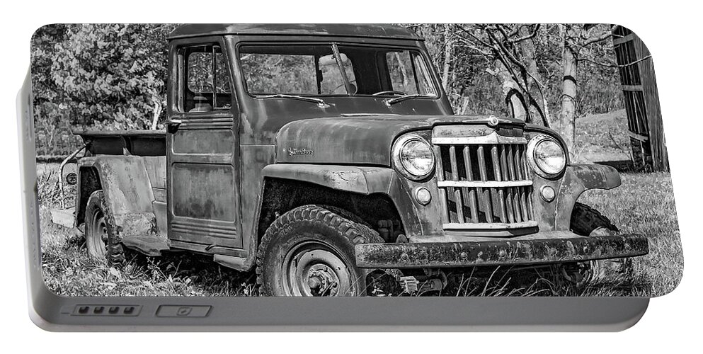 Vehicle Portable Battery Charger featuring the photograph Willys Jeep Pickup Truck 2 bw by Steve Harrington