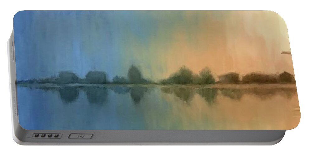 Windmill Portable Battery Charger featuring the painting Windmill at Dawn by Janet King