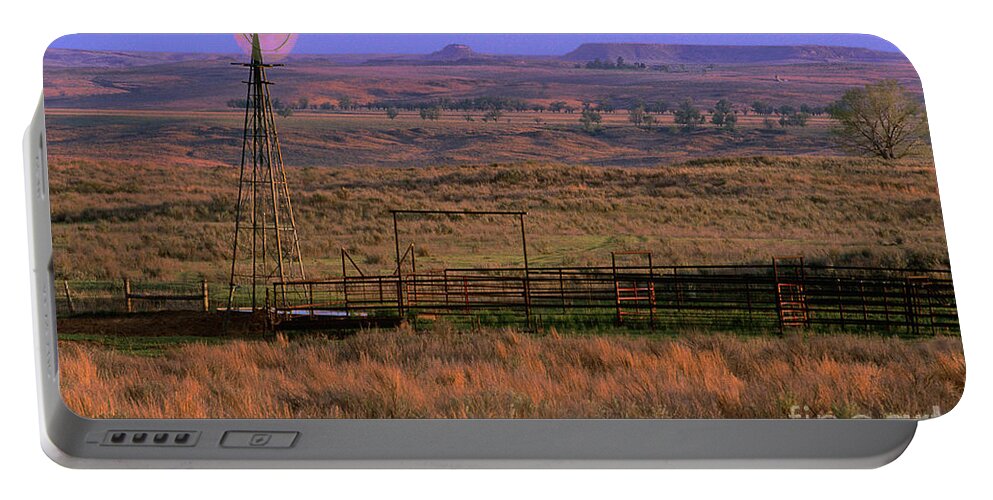 Dave Welling Portable Battery Charger featuring the photograph Windmill Cattle Fencing Texas Panhandle by Dave Welling