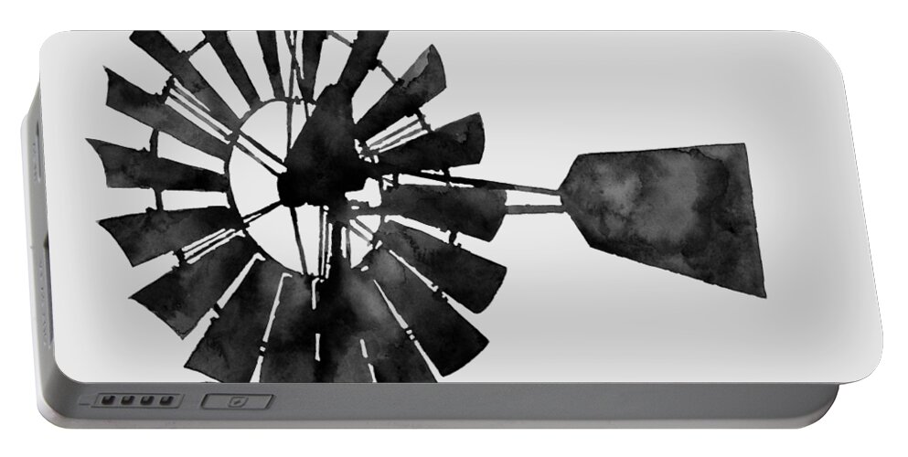 Windmill Portable Battery Charger featuring the painting Windmill in Black and White by Hailey E Herrera