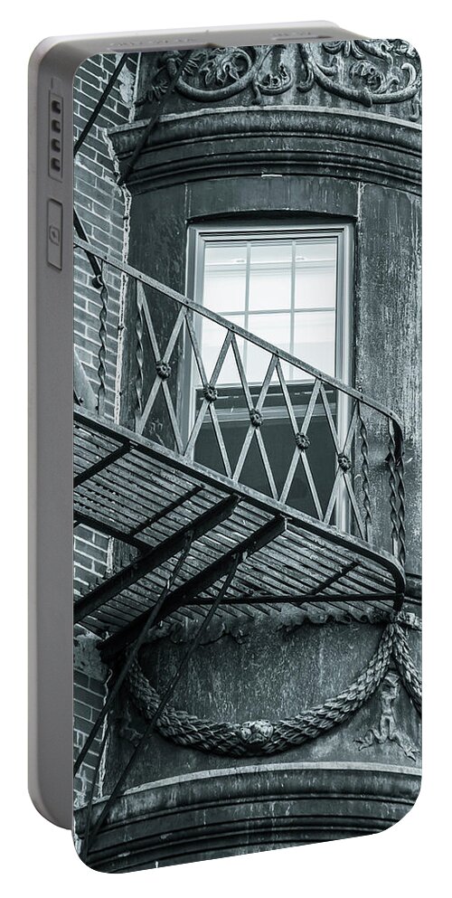 Fire Portable Battery Charger featuring the photograph Window escape BW by Jason Hughes