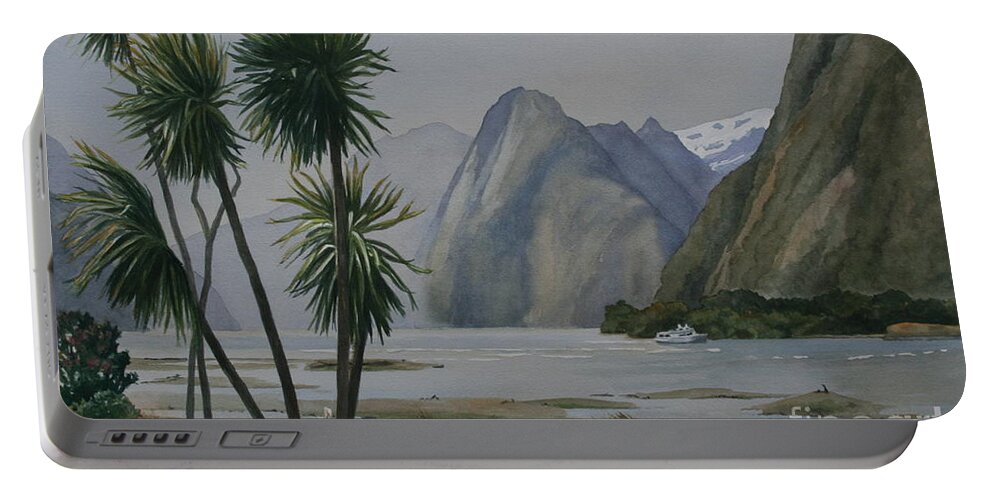 Milford Sound Portable Battery Charger featuring the painting Windy Evening Milford Sound by Jan Lawnikanis