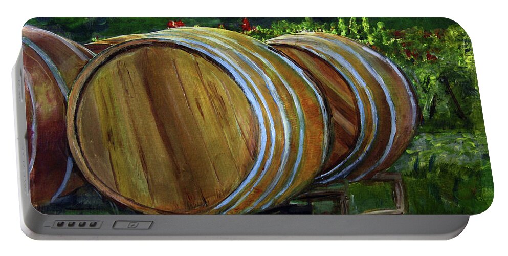 Art Portable Battery Charger featuring the painting Wine Barrels by Donna Walsh