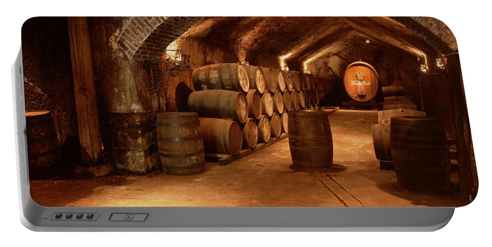 Photography Portable Battery Charger featuring the photograph Wine Barrels In A Cellar, Buena Vista by Panoramic Images