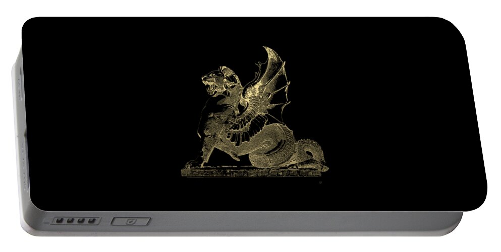 'antique-vintage-retro' Collection By Serge Averbukh Portable Battery Charger featuring the digital art Winged Dragon Chimera from Fontaine Saint-Michel, Paris in Gold on Black by Serge Averbukh