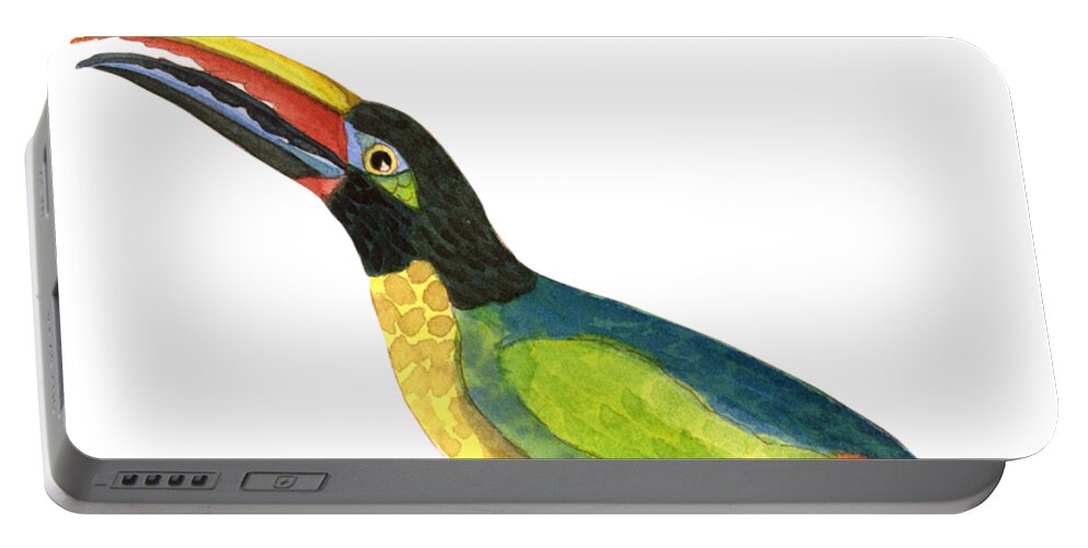 Toucan Portable Battery Charger featuring the painting Winged Jewels 2, Watercolor Toucan Rainforest Birds by Audrey Jeanne Roberts