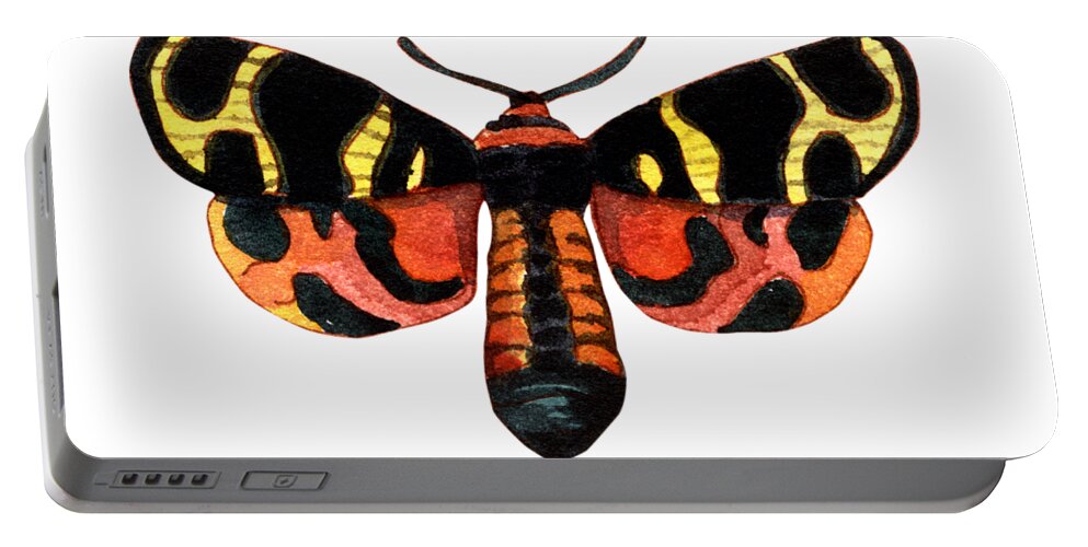 Tropical Portable Battery Charger featuring the painting Winged Jewels 5, Watercolor Moth Black Yellow Orange and Red Tropical by Audrey Jeanne Roberts