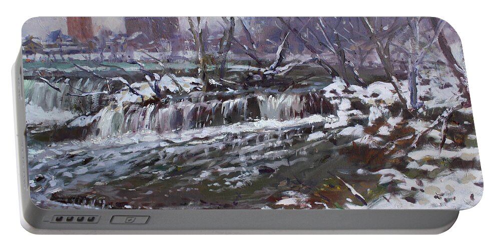 Christmas Eve Portable Battery Charger featuring the painting Winter at Goat Island by Ylli Haruni