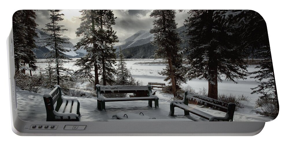 Beauty Creek Portable Battery Charger featuring the photograph Winter Benches By Beauty Creek by Adam Jewell