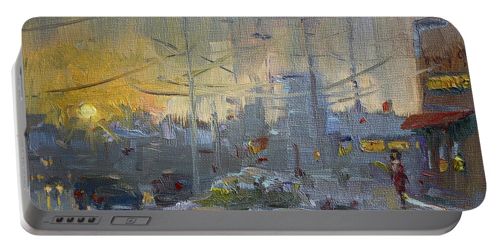 Winter Portable Battery Charger featuring the painting Winter End of Day by Ylli Haruni