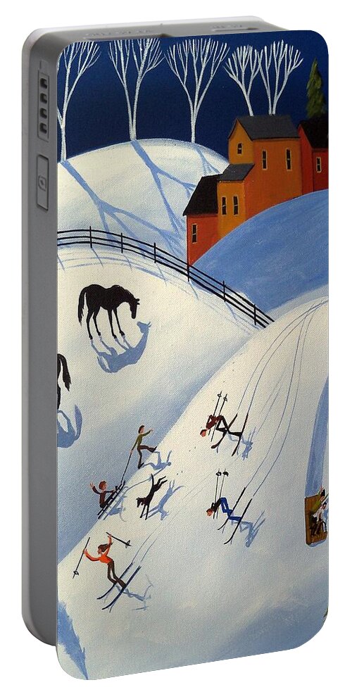 Folk Art Portable Battery Charger featuring the painting Winter Fun Day - folk art landscape by Debbie Criswell