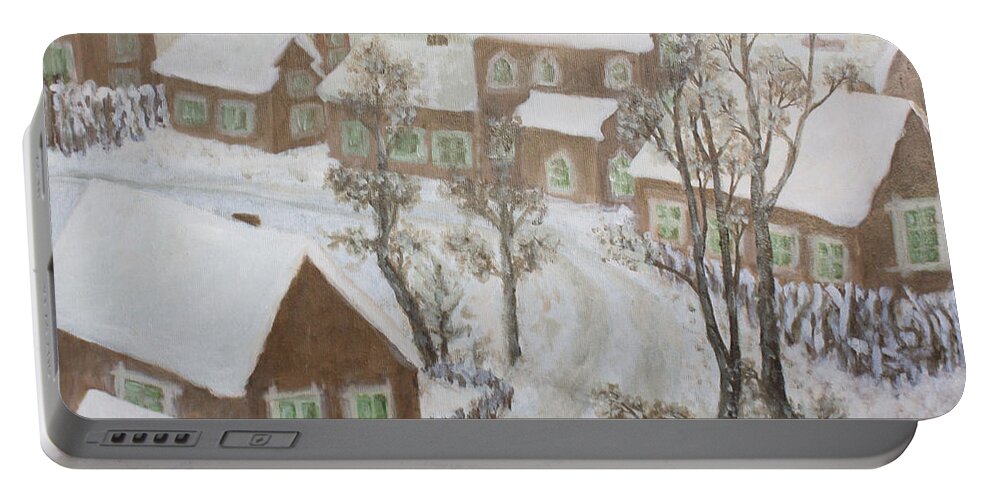 Winter Portable Battery Charger featuring the painting Winter in Poland by Elzbieta Goszczycka
