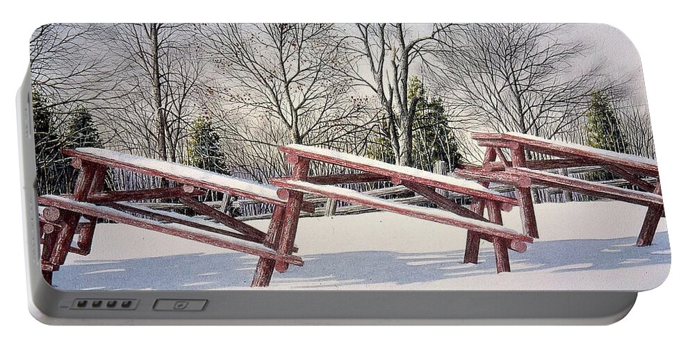 Park- Benches Portable Battery Charger featuring the painting Winter in the Park by Conrad Mieschke