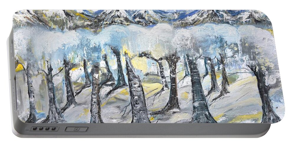Mountains Portable Battery Charger featuring the painting Winter in the Woods by Evelina Popilian