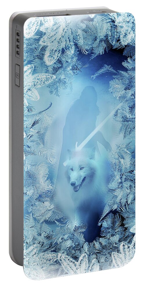 Jon Snow And Ghost Portable Battery Charger featuring the digital art Winter is here - Jon snow and Ghost - game of thrones by Lilia D