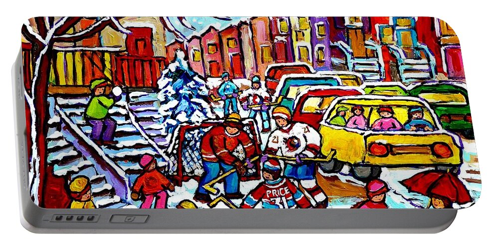 Montreal Portable Battery Charger featuring the painting Winter Playground Montreal Hockey Kids Street Hockey Street Scene Painting Carole Spandau by Carole Spandau