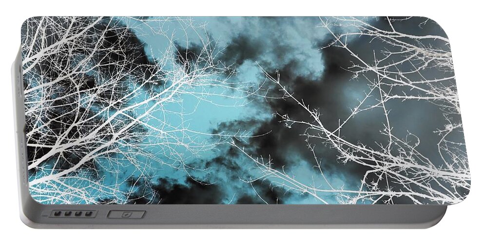 Abstract Landscape Portable Battery Charger featuring the photograph Winter sky and trees green black and white by Itsonlythemoon
