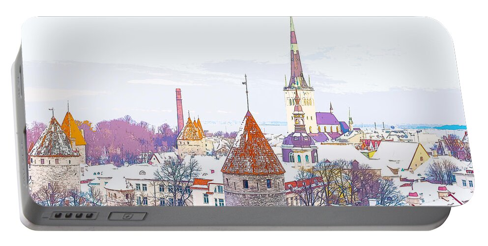 Tallinn Portable Battery Charger featuring the digital art Winter Skyline of Tallinn Estonia by Anthony Murphy