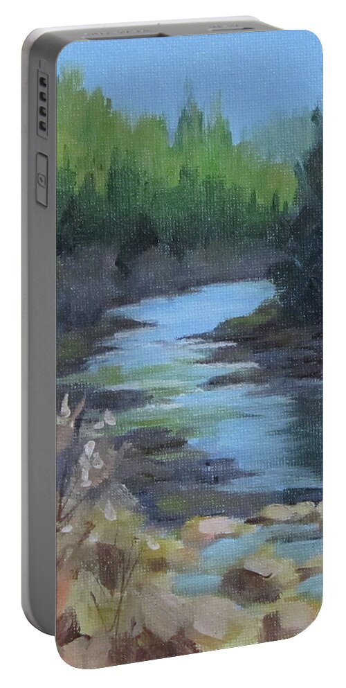 River Portable Battery Charger featuring the painting Winter Sun - Daily Painting by Karen Ilari