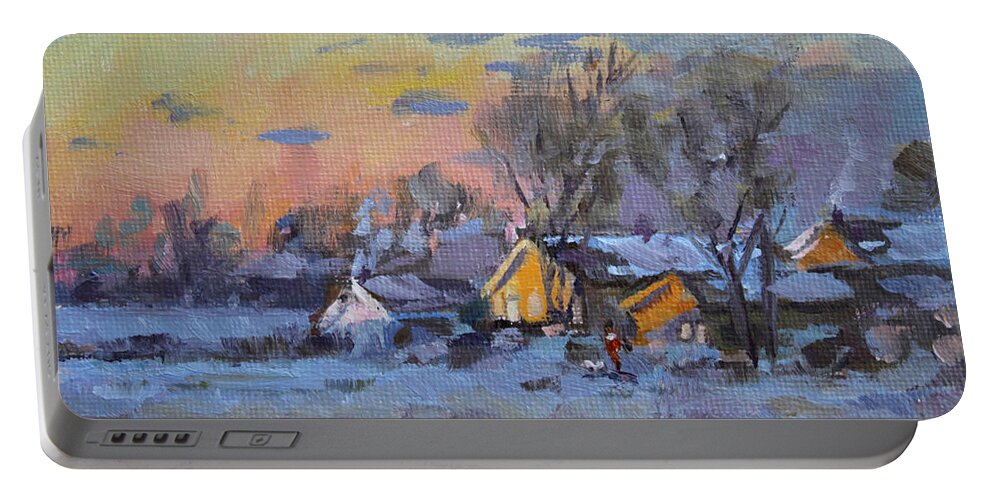 Winter Portable Battery Charger featuring the painting Winter Sunset in the Farm by Ylli Haruni