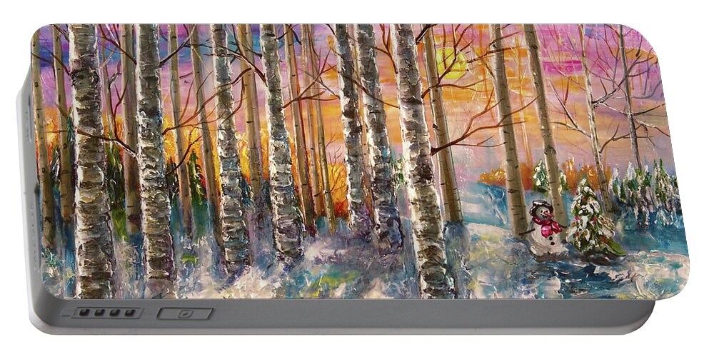Impressionism Portable Battery Charger featuring the digital art Dylan's Snowman - Winter Sunset Landscape Impressionistic Painting with palette knife by OLena Art