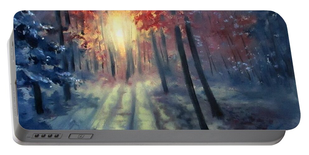 Sunset Portable Battery Charger featuring the painting Winter sunset by Natalja Picugina