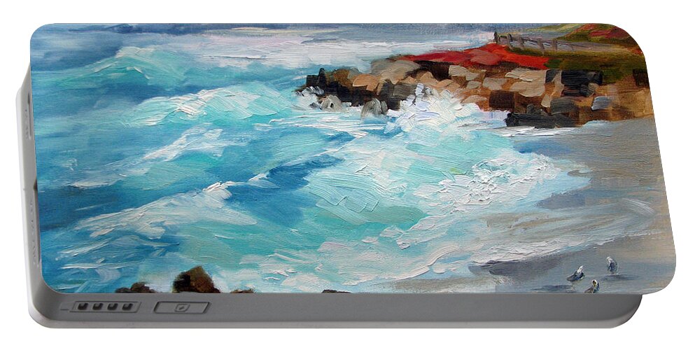 Carmel Portable Battery Charger featuring the painting Winter Surf, 17 Mile Drive Carmel by Karin Leonard
