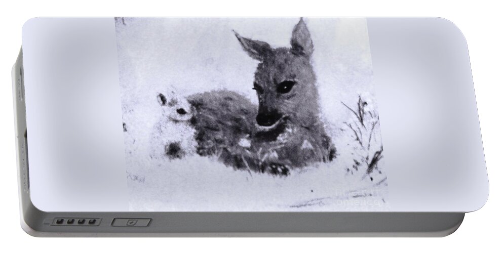 Baby Deer Portable Battery Charger featuring the painting Winter Surprise by Hazel Holland