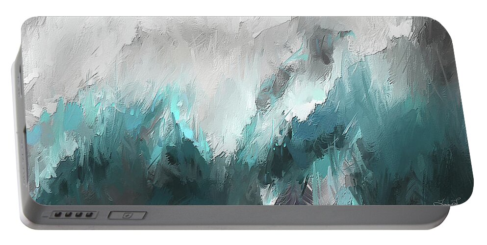 Ight Blue Portable Battery Charger featuring the painting Wintery Mountain- Turquoise and Gray modern Artwork by Lourry Legarde