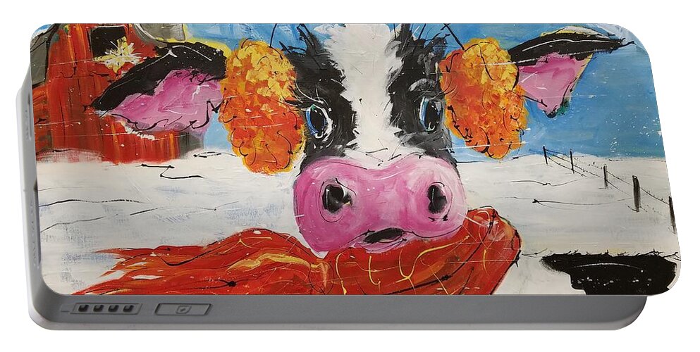 Cow Portable Battery Charger featuring the painting Wis-cow-sin Winter by Terri Einer