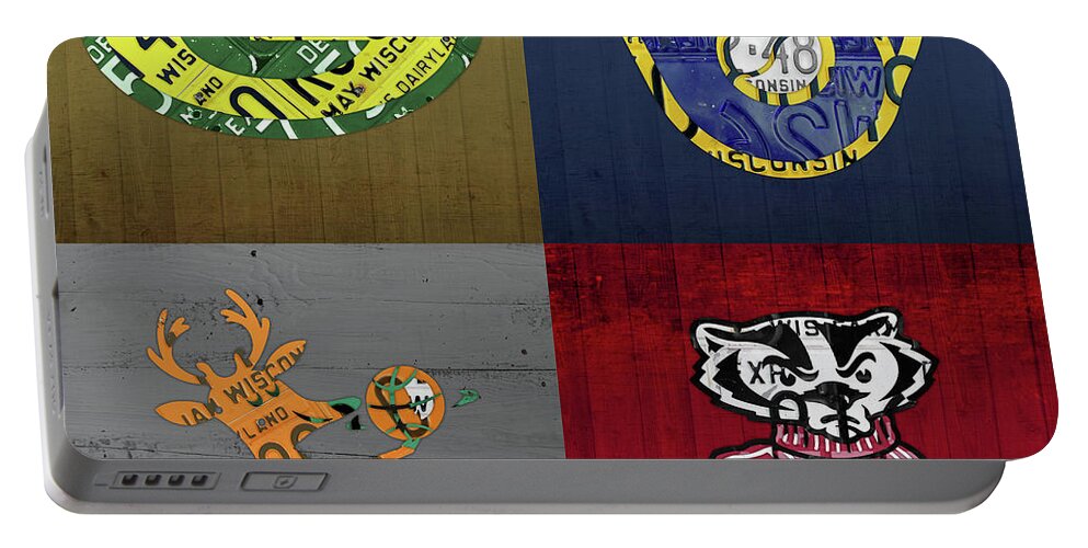 Wisconsin Portable Battery Charger featuring the mixed media Wisconsin Sports Collage with Badgers Brewers Bucks License Plate Art V2 by Design Turnpike
