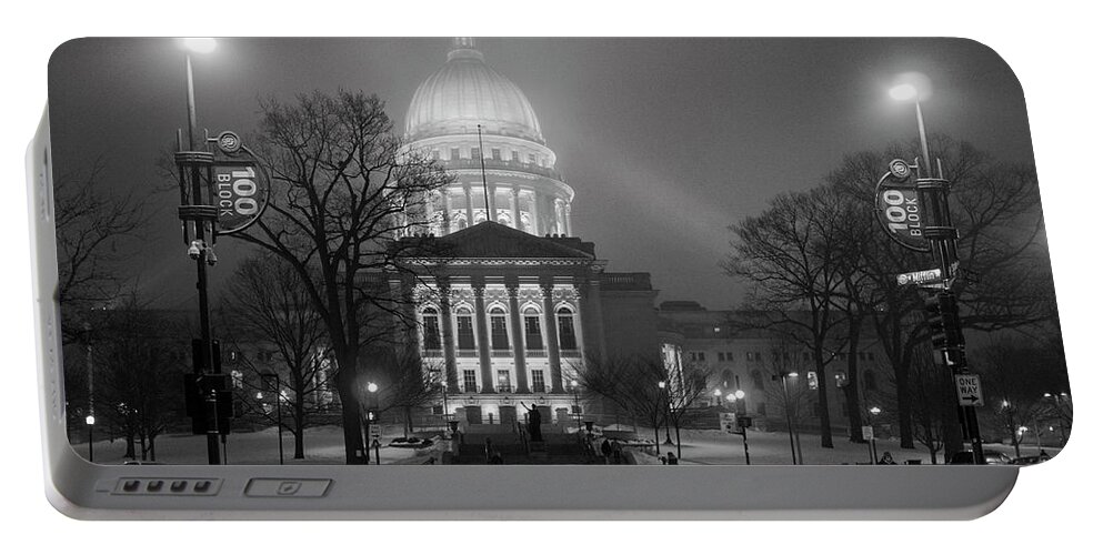 Wisconsin State Capitol Portable Battery Charger featuring the photograph Wisconsin State Capitol-Foggy Night by Todd Bannor