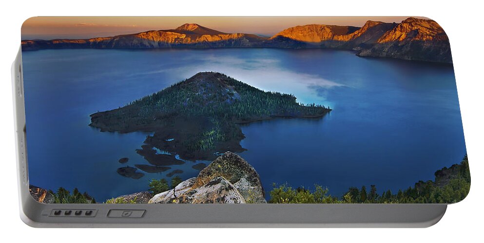 Lake Portable Battery Charger featuring the photograph Wizard at Sunset by John Christopher