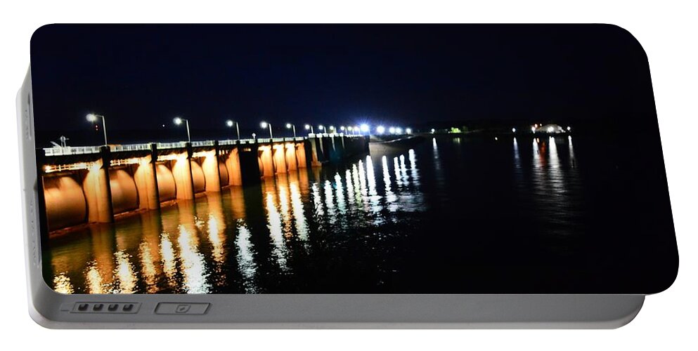 Nighttime Portable Battery Charger featuring the photograph Wolf Creek Dam Nightlights Reflection by Stacie Siemsen