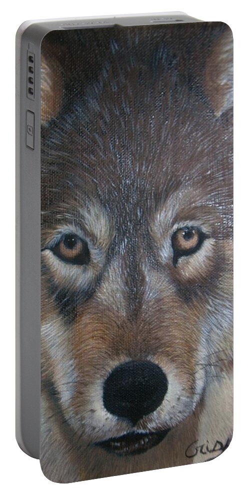  Portable Battery Charger featuring the painting Wolf by Jean Yves Crispo