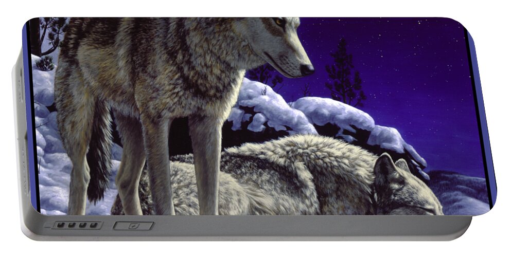 Wolf Portable Battery Charger featuring the painting Wolf Painting - Night Watch by Crista Forest