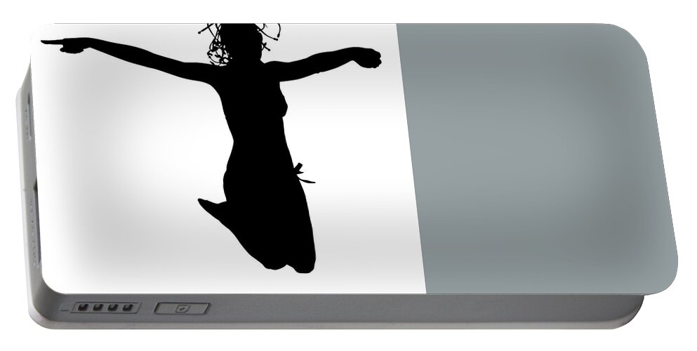 Silhouette Portable Battery Charger featuring the digital art Woman jumping backlight by Benny Marty