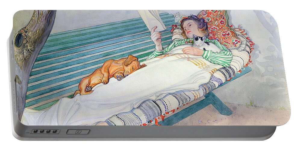 Woman Portable Battery Charger featuring the painting Woman Lying on a Bench by Carl Larsson