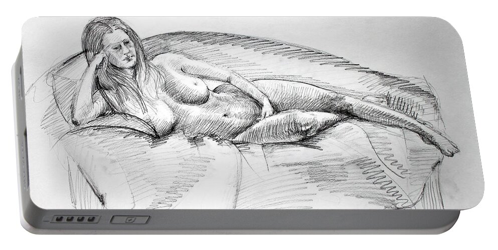 Mark Fine Art Portable Battery Charger featuring the drawing Woman on Couch by Mark Johnson