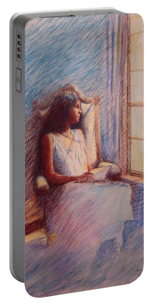 Woman In Peaceful Repose Portable Battery Charger featuring the pastel Woman Reading by Window by Herschel Pollard