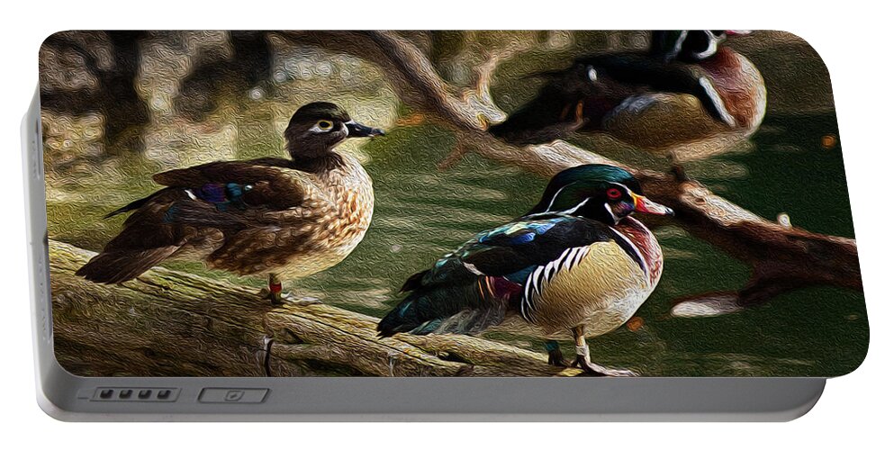 Animals Portable Battery Charger featuring the photograph Wood Ducks Posing on a Log by Dennis Dame