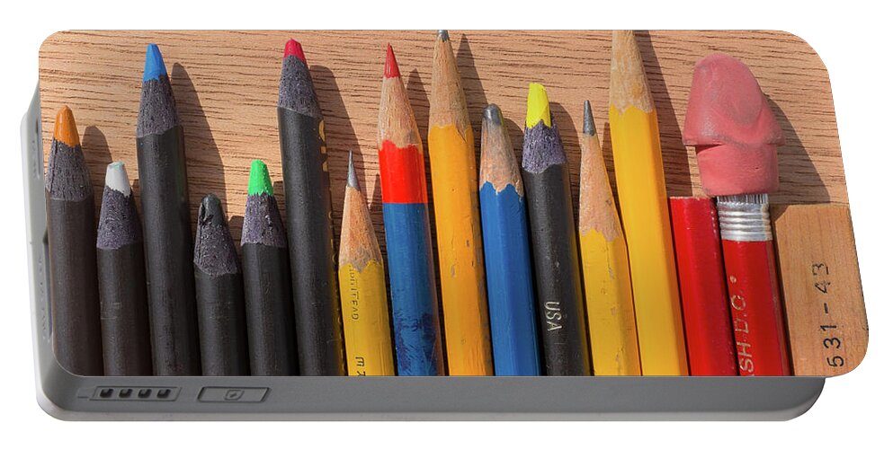Wood Pencils Portable Battery Charger featuring the photograph Wood Pencils on Wood by Kathy Anselmo
