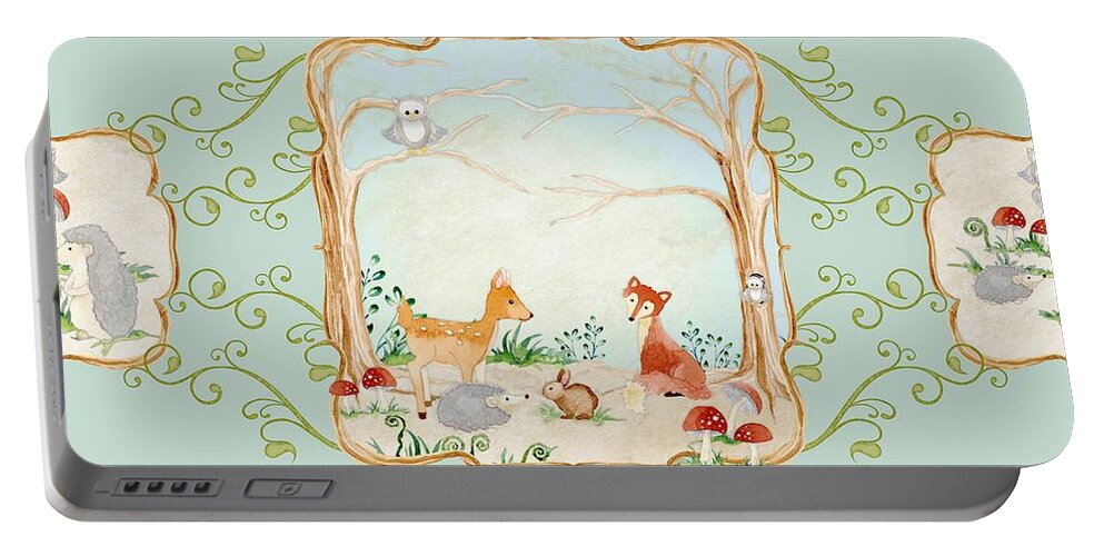 Wood Portable Battery Charger featuring the painting Woodland Fairy Tale - Aqua Blue Forest Gathering of Woodland Animals by Audrey Jeanne Roberts