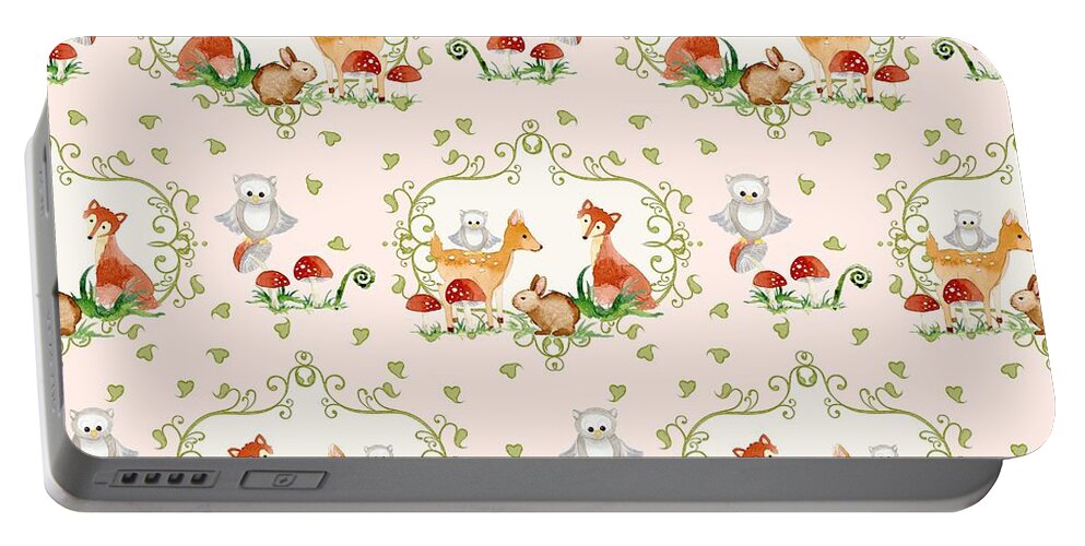 Blush Pink Portable Battery Charger featuring the painting Woodland Fairy Tale - Pink Sweet Animals Fox Deer Rabbit owl - Half Drop Repeat by Audrey Jeanne Roberts