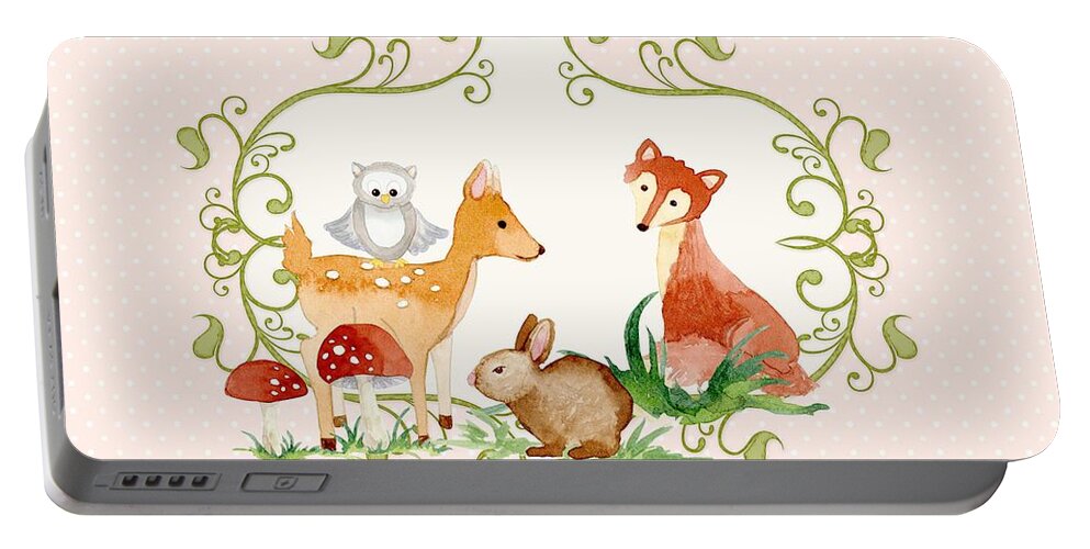 Woodland Portable Battery Charger featuring the painting Woodland Fairytale - Animals Deer Owl Fox Bunny n Mushrooms by Audrey Jeanne Roberts