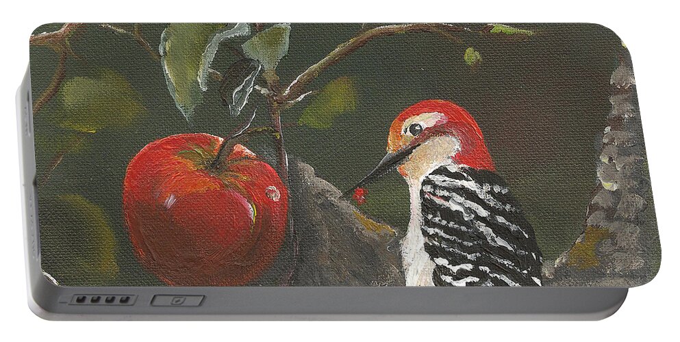 Woodpecker Portable Battery Charger featuring the painting Woodpecker in Apple Tree by Jan Dappen