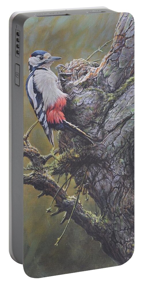 Wildlife Paintings Portable Battery Charger featuring the painting Woodpecker on Tree by Alan M Hunt