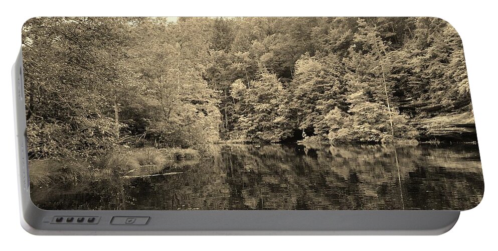 Lake Portable Battery Charger featuring the photograph Woods Along the Lake Sepia by Stacie Siemsen