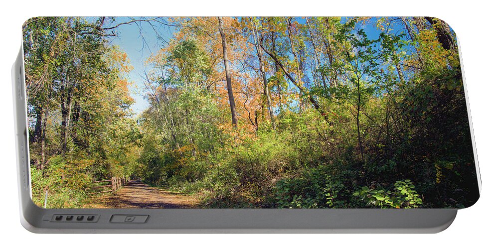 Woodland Portable Battery Charger featuring the photograph Woosland Trail, Autumn, Montgomery County, Pennsylvania by A Macarthur Gurmankin