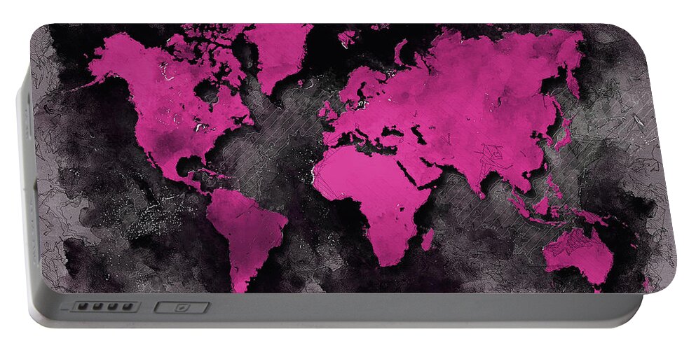 Map Of The World Portable Battery Charger featuring the digital art World Map Purple Black by Justyna Jaszke JBJart